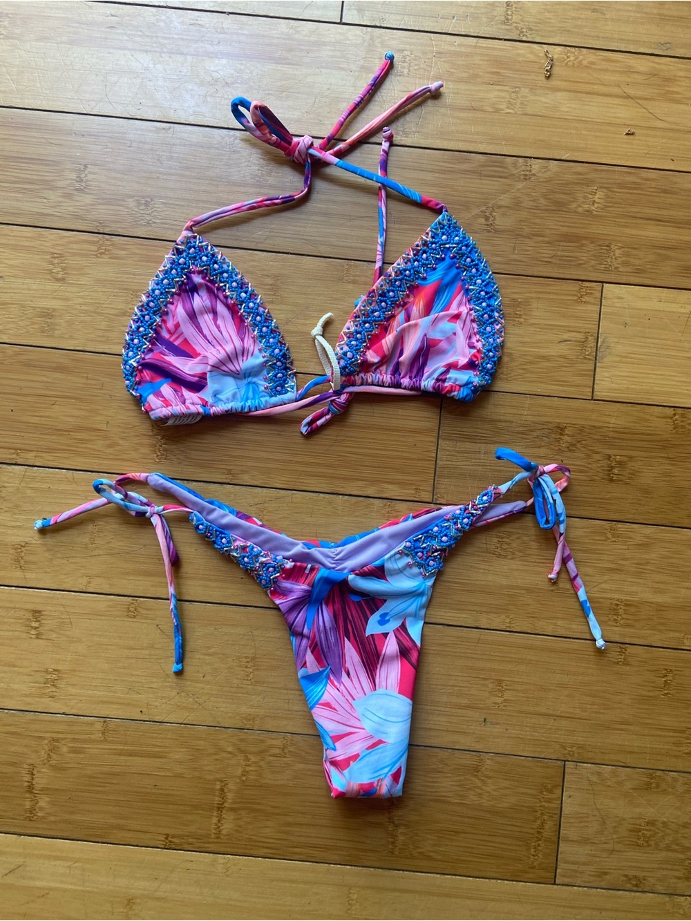 Embellished Floral Triangle Bikini Top & Tie-Side Bottoms - Pink & Blue